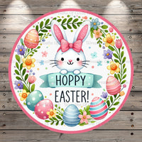 Hoppy Easter, Cute Easter Bunny, Easter Eggs, Spring Florals, Round, Lightweight, Metal Wreath Sign, No Holes In Sign