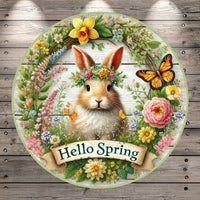 Hello Spring, Spring Bunny, Multi Color Florals, Butterflies, Faux Wood, Round, Lightweight, Metal Wreath Sign, No Holes In Sign
