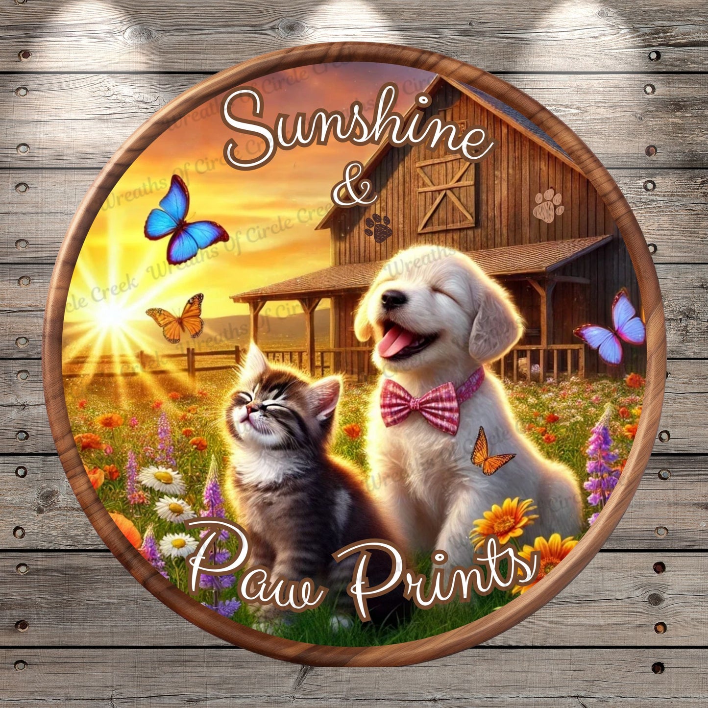 Sunshine & Paw Prints Lightweight Round Metal Wreath Sign | Rustic Farmhouse Dog and Cat, No Holes in Sign