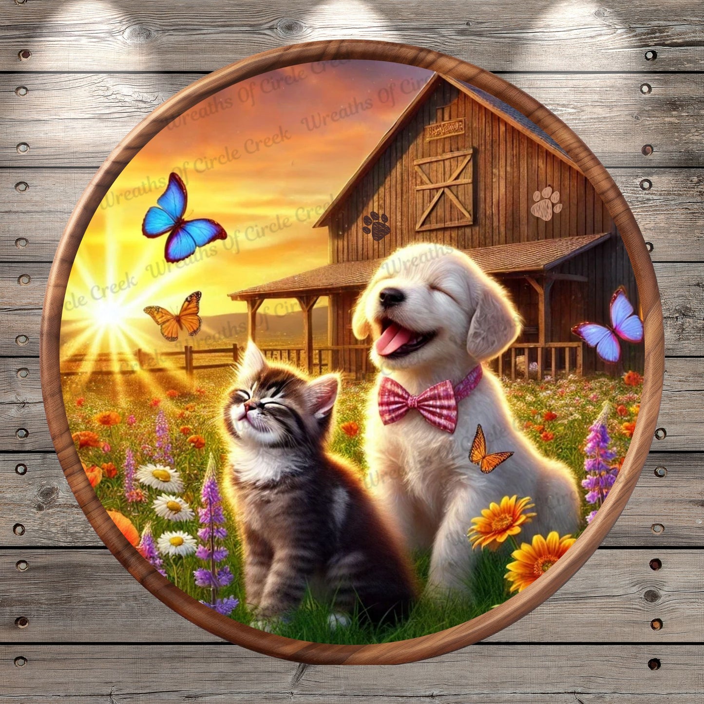 Sunshine & Paw Prints Lightweight Round Metal Wreath Sign | Rustic Farmhouse Dog and Cat, No Holes in Sign