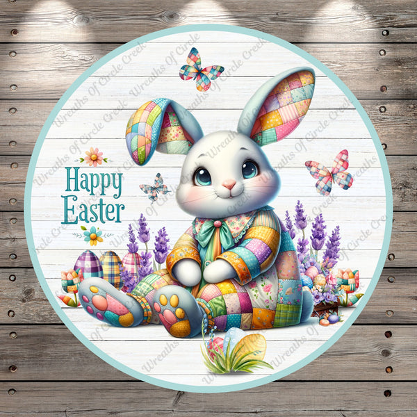 Patchwork Bunny, Happy Easter, Butterflies, Lightweight, Metal Wreath Sign, Round, With No Holes In Sign