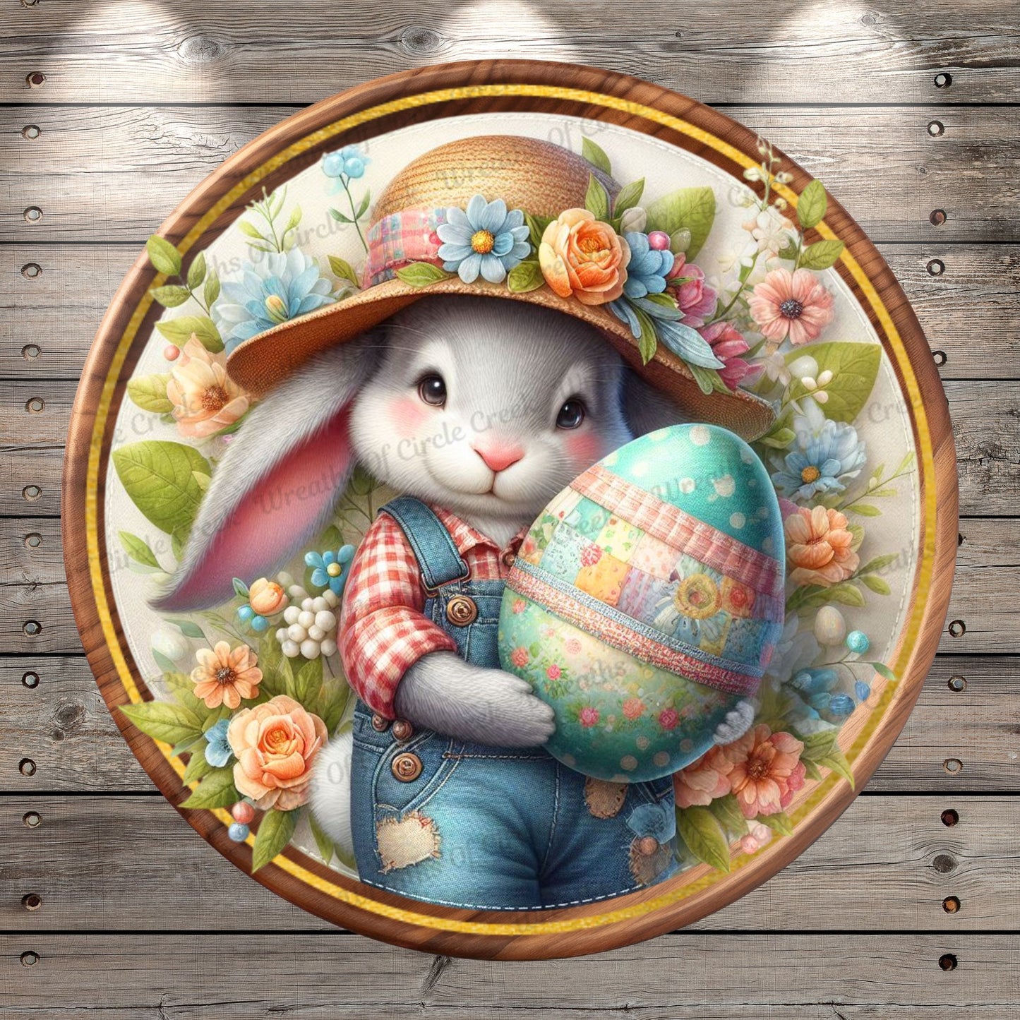 Sweet Country Easter Bunny Lightweight Round Metal Wreath Sign | Rustic Spring Florals, Large Easter Egg, No Holes In Sign