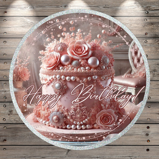 Happy Birthday Lightweight Round Metal Wreath Sign | Elegant Pink Cake & Pearls, No Holes In Sign