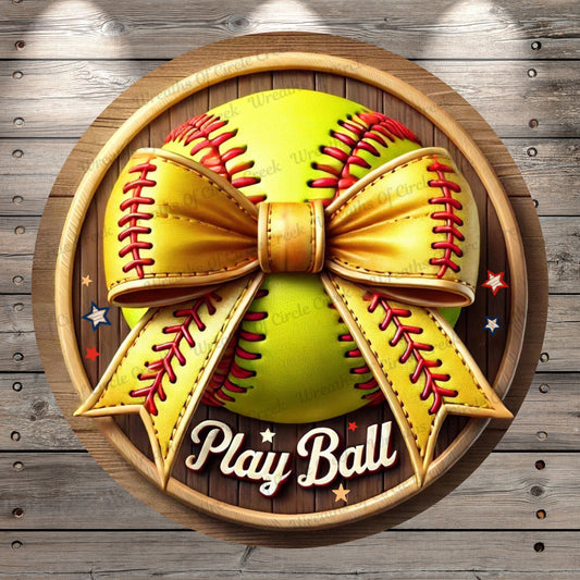 Play Ball Lightweight Round Metal Wreath Sign | Rustic Softball, Bow | Sports Fan Decor, No Holes In Sign