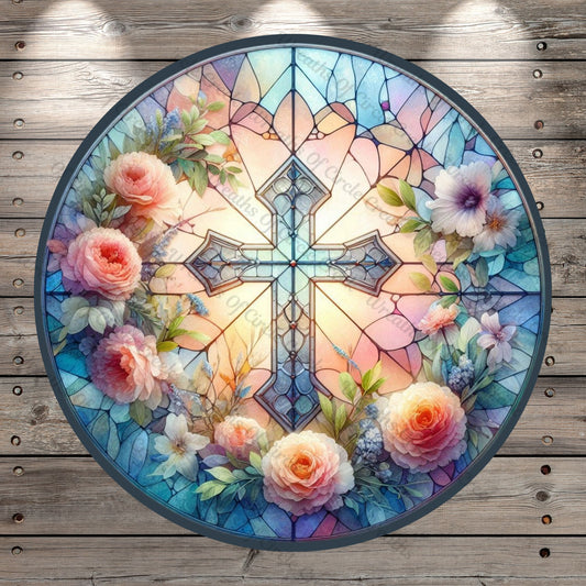Floral Cross, Wreath Sign, Faux Stain Glass Print, Christian, Easter, Round Lightweight Metal, No Holes In Sign, Religious Wreath Decor