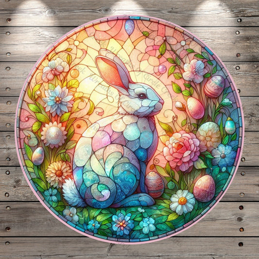 Spring Bunny, Wreath Sign, Faux Stain Glass Print, Spring, Easter Eggs, Pastel, Round Lightweight Metal, No Holes In Sign, Wreath Decor