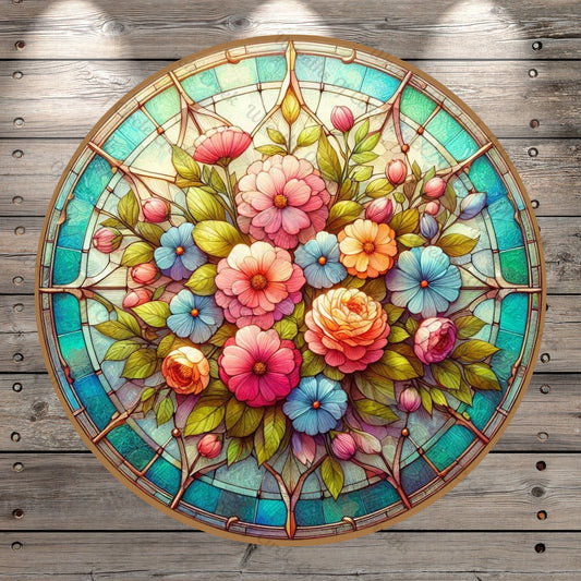 Watercolor Flowers, Wreath Sign, Faux Stain Glass Print, Colorful Garden Round Lightweight Metal, No Holes In Sign, Wreath Decor