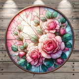 Vintage Pink Roses, Wreath Sign, Faux Stain Glass Print, Shabby Chic, Round Lightweight Metal, No Holes In Sign, Wreath Decor