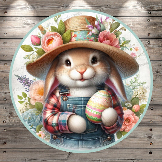 Easter Bunny Lightweight Round Metal Wreath Sign | Country Farmhouse Spring, No Holes In Sign
