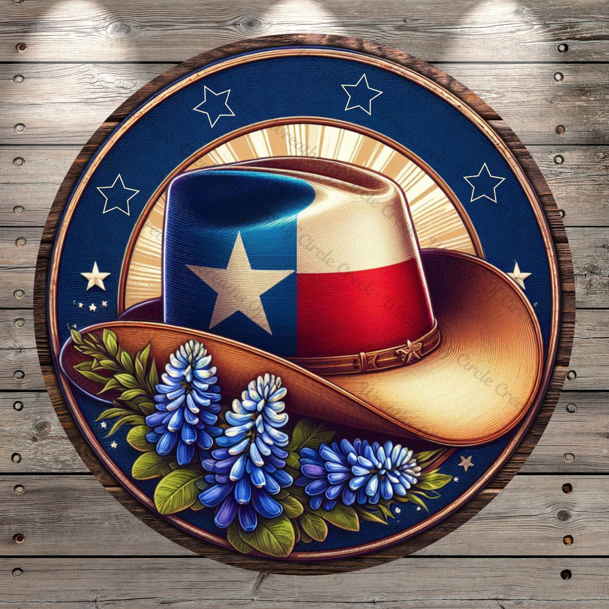God Bless Texas, Cowboy Hat, Blue Bonnets, Rustic, Round, Light Weight ...