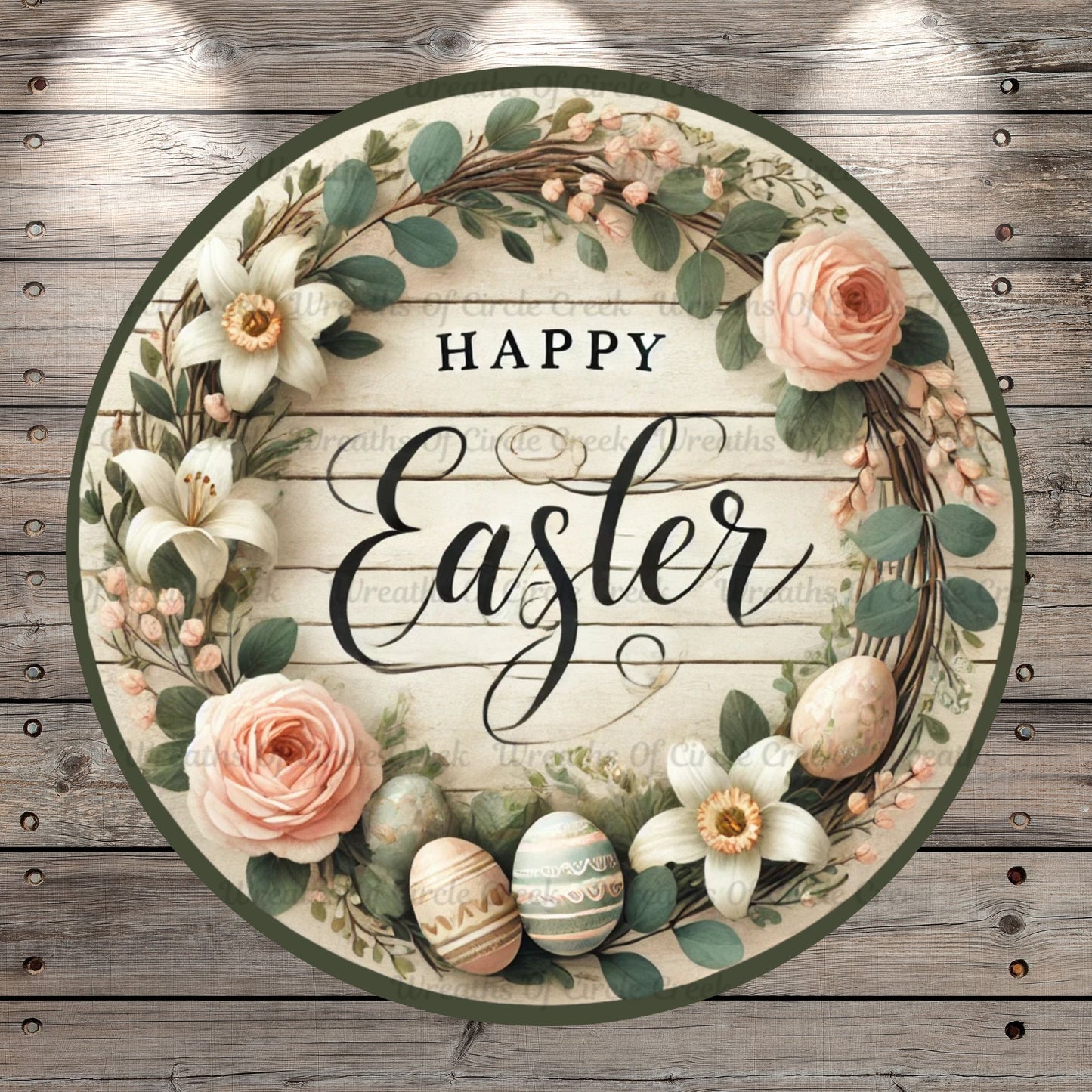 Happy Easter, Vintage Inspired, Pink Roses, Easter Eggs, Grapevine, Lightweight, Metal Wreath Sign, Round, No Holes In Sign
