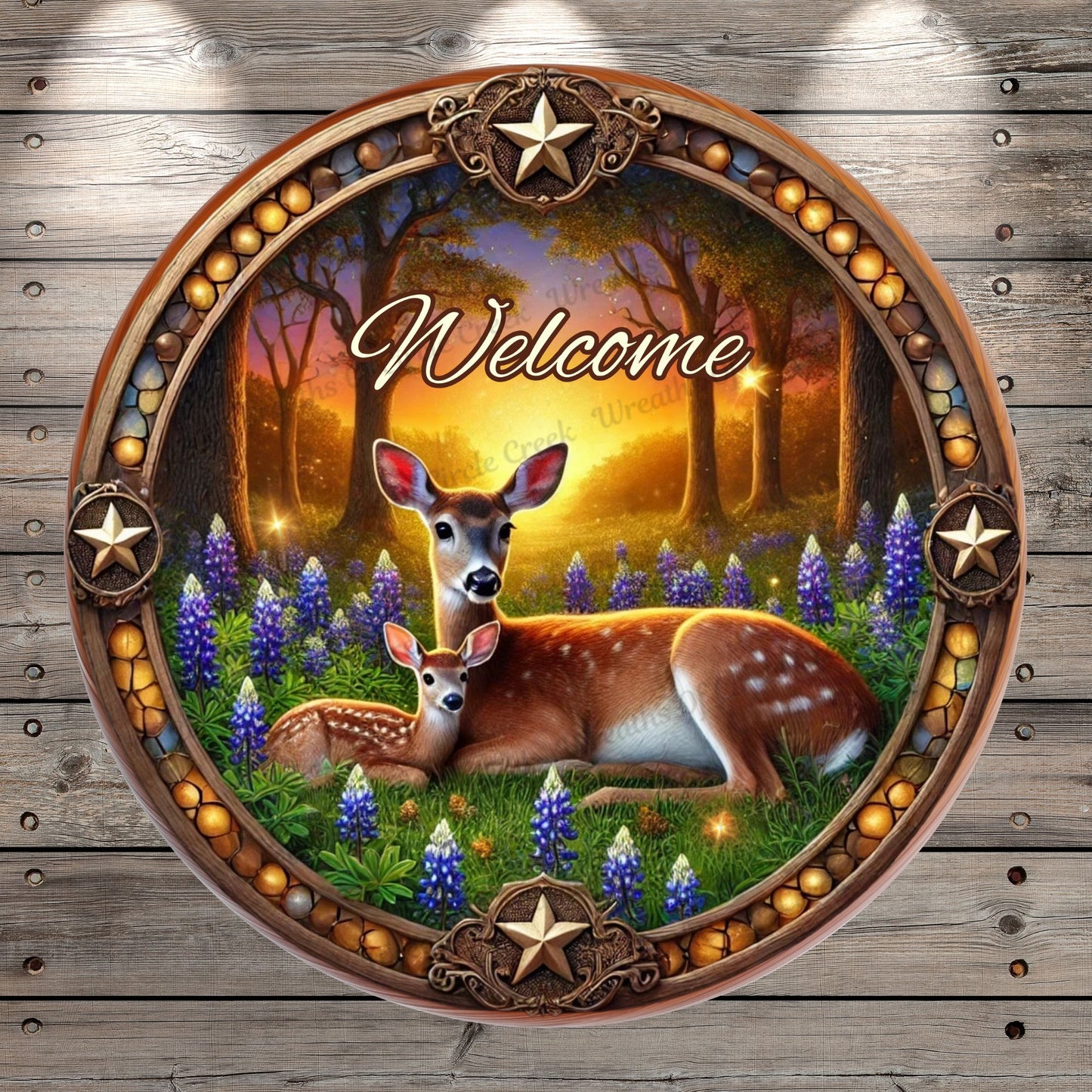 Doe and Fawn | Lightweight Round Metal Wreath Sign | Deer In Meadow | Bluebonnets | No Holes In Sign