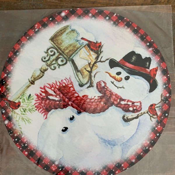BLEMISHED Sign, Snowman With Cardinals, Winter Scene, Plaid Border, 11.75" UV Metal Round Sign, No Holes