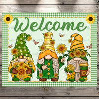 Welcome Sunflower Gnomes, Bees, Butterflies, Light Weight, Wreath Sign, Metal, No Holes