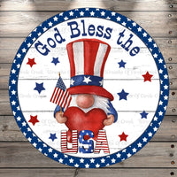 Gnome, God Bless The USA, Stars, Round, Light Weight, Metal Wreath, Sign, No Holes