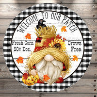 Fall, Scarecrow Gnome, Welcome To Our Patch, Plaid, Round UV Coated, Metal Sign, No Holes