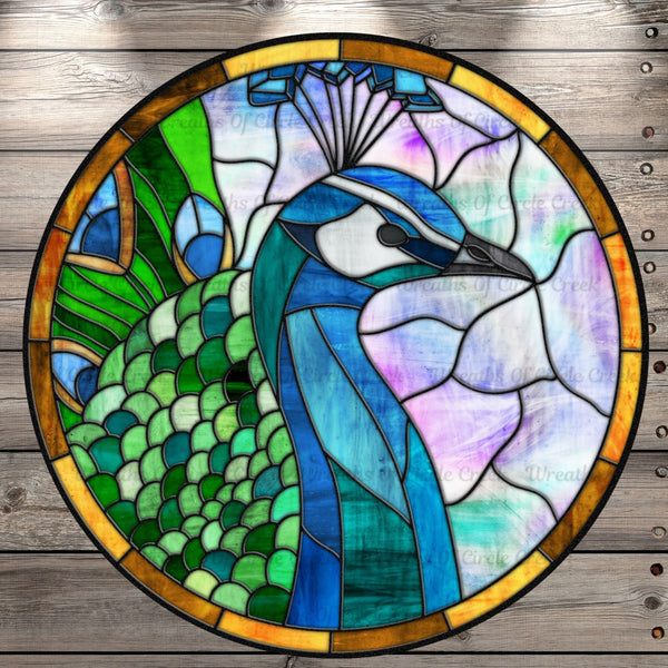 Peacock, Stain Glass Print, Round, Light Weight, Metal Wreath Sign, No Holes