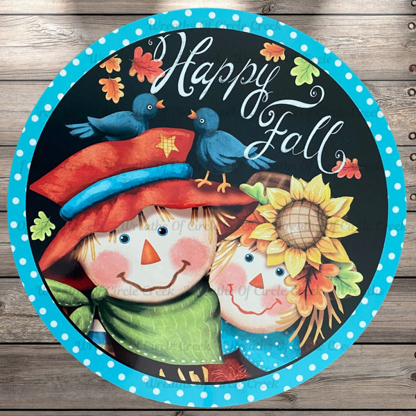 Scarecrow Couple, Happy Fall, Round UV Coated, Metal Sign, No Holes