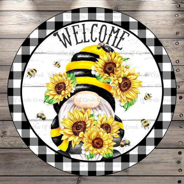 Welcome, Gnome, Sunflowers, Bees, Plaid, Round, Light Weight, Metal Wreath Sign, No Holes
