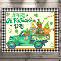 Gnomes In Farm Truck, Happy St. Patrick's Day, Vintage, Watercolor, Shamrocks, Gold, Beer, Light Weight, Wreath Sign, Metal, No Holes