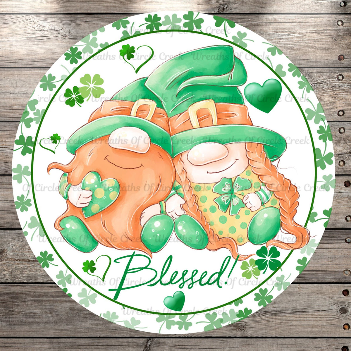 Leprechaun, Gnome Couple, Blessed, St. Patrick's Day, Clovers, Round, Light Weight, Metal Wreath Sign, No Holes