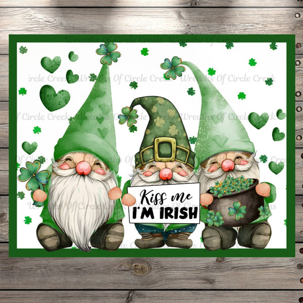Kiss Me I'm Irish, St. Patrick Gnomes, Watercolor, Shamrocks, St. Patrick's Day, Light Weight, Wreath Sign, Metal, No Holes