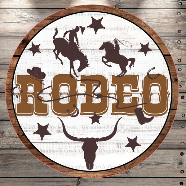 Rodeo, Western, Round, Wood Print, Light Weight, Metal Wreath Sign, No Holes