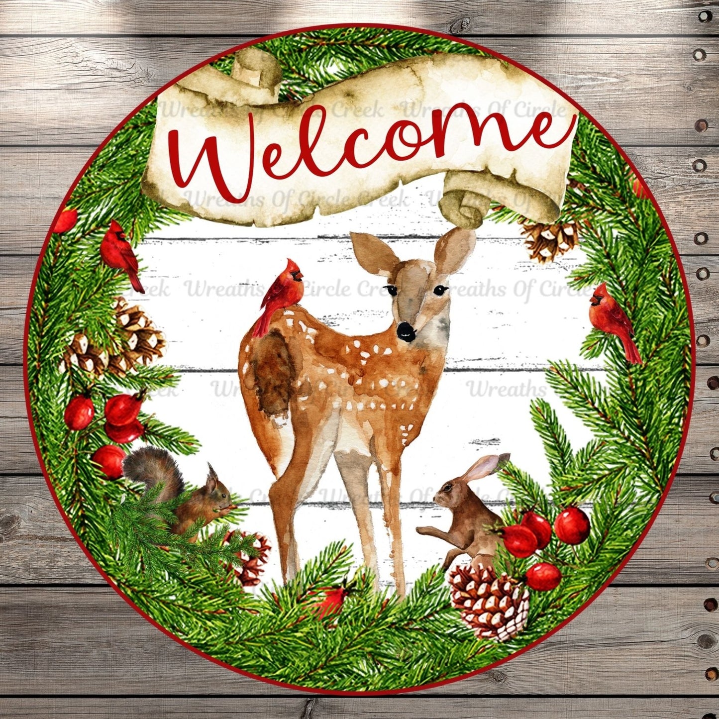 Winter Deer, Welcome, Round UV Coated, Metal Sign, No Holes
