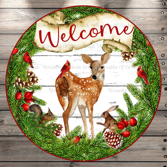 Winter Deer, Welcome, Round UV Coated, Metal Sign, No Holes