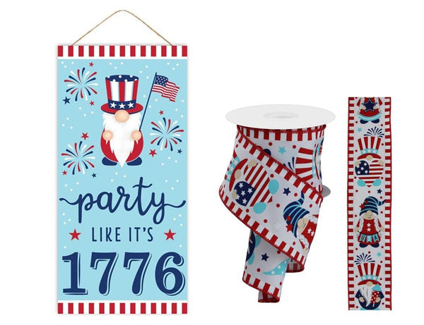 Patriotic Gnome, MDF Sign, and Wired Ribbon Set, AP7096,  RGE114427