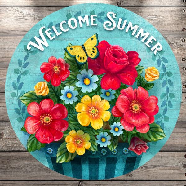 Welcome Summer, Flower Market, Round, Light Weight, Metal Wreath Sign, No Holes