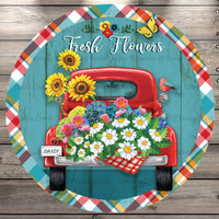 Flower Market, Red Truck, Round, Light Weight, Metal Wreath Sign, No Holes