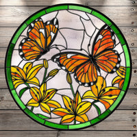 Butterflies With Florals, Stain Glass Print, Round, Light Weight, Metal Wreath Sign, No Holes