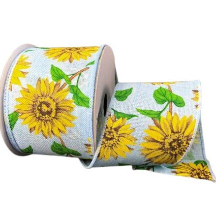 Sunflowers, Light Blue, Yellow, Brown, Green, Canvas, Wired Edges, 2.5" X 10 YD