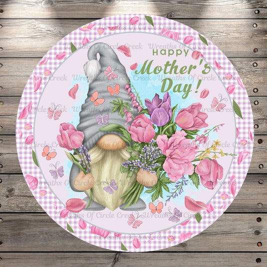 Happy Mother's Day, Gnome, Tulips, Butterflies, Spring Florals, Pink, Purple, Multi, Round, Light Weight Metal, No Holes