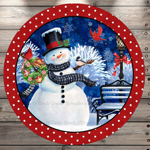 Winter Snowman, Cardinals, Red Border With Polka Dots, Round UV Coated, Metal Sign, No Holes