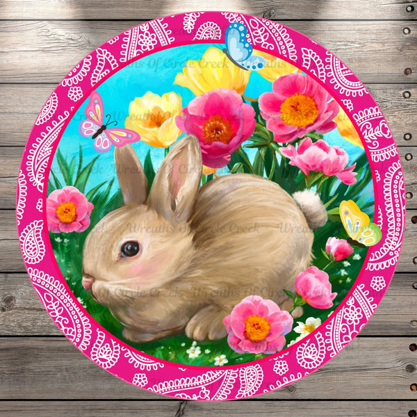 Spring Bunny, Florals, Butterflies, Pink, Paisley, Round, Light Weight, Metal Wreath Sign, No Holes