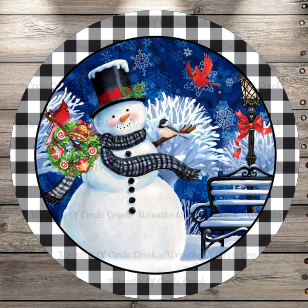 Winter Snowman, Cardinals, Black And White, Plaid Border, Round UV Coated, Metal Sign, No Holes