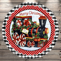 Classic, Steam Train, Peppermint,  Polka Dots, Plaid Border, Round UV Coated, Metal Sign, No Holes