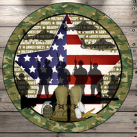Armed Forces, Patriotic, Soldiers, American Star, Camo, Round, Light Weight, Metal Wreath Sign, No Holes