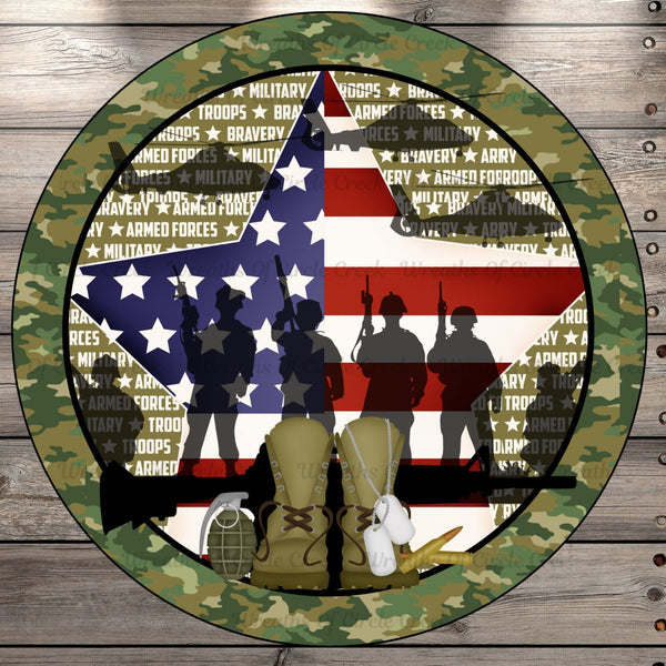 Armed Forces, Patriotic, Soldiers, American Star, Camo, Round, Light Weight, Metal Wreath Sign, No Holes
