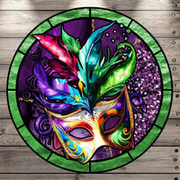 Mardi Gras, Mask, Stain Glass Print, Feathers, Purple, Green, Round, Light Weight, Metal Wreath Sign, No Holes