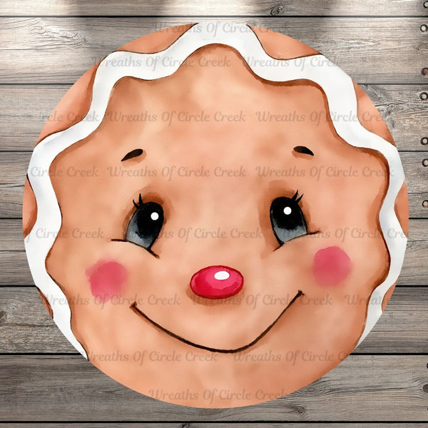 Gingerbread Face, Round UV Coated, Metal Sign, No Holes, Wreath Sign