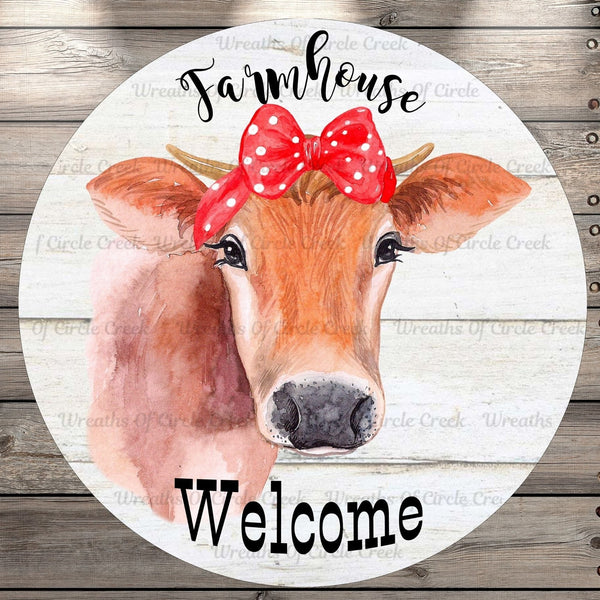 Cow, Wreath Sign, Red Bow, Farmhouse Welcome, Lightweight, Round UV Coated, Metal Sign, No Holes