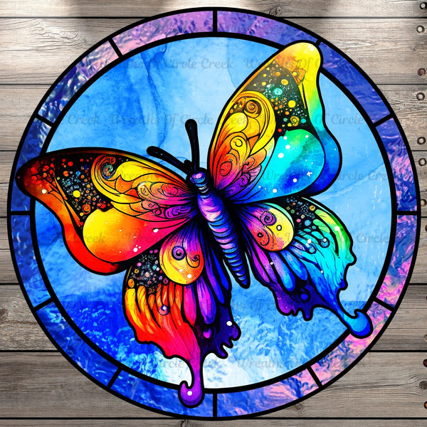 Butterfly, Multi Color, Stain Glass Print, Round, Light Weight, Metal Wreath Sign, No Holes
