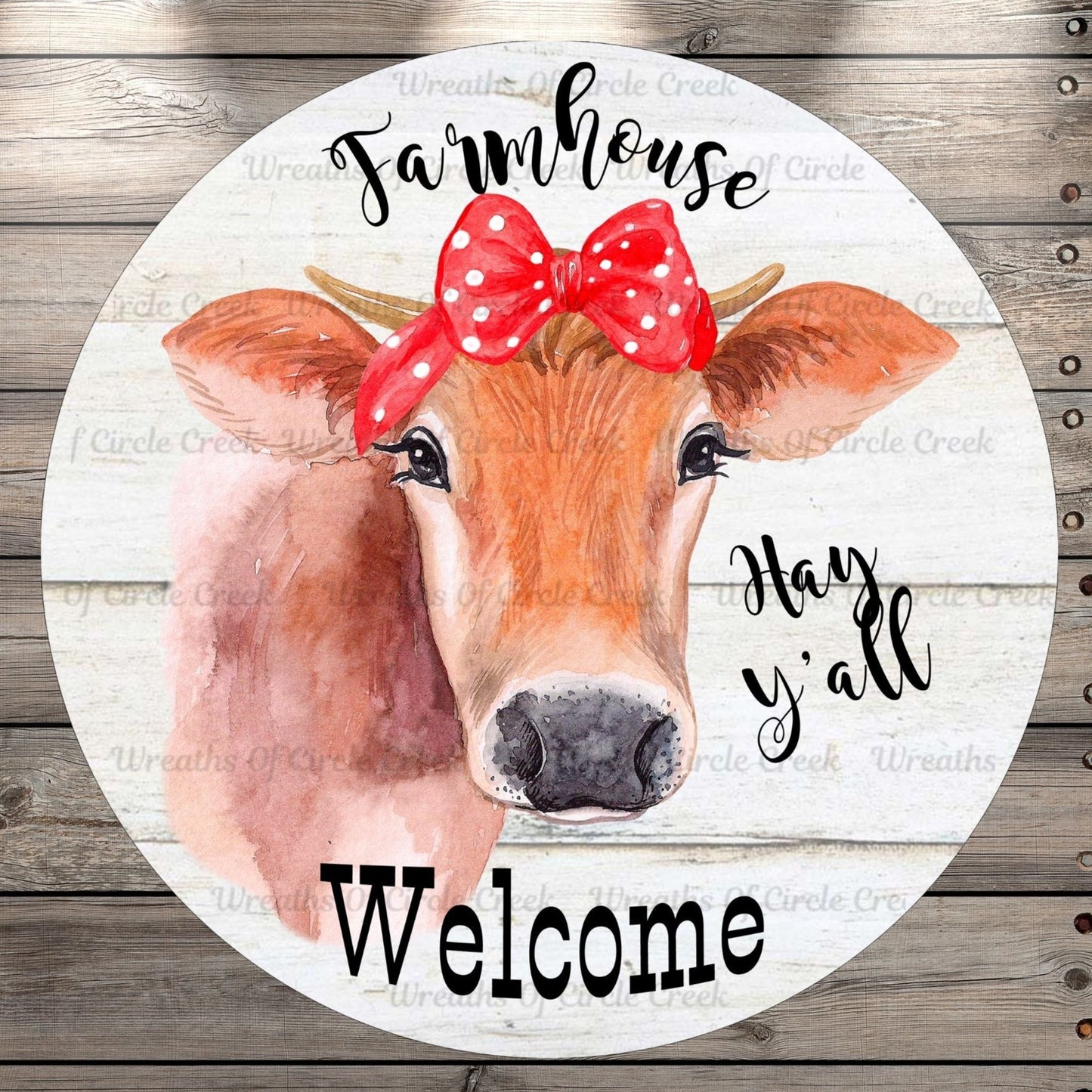 Cow, Wreath Sign, Red Bow, Farmhouse Welcome, Lightweight, Round UV Coated, Metal Sign, No Holes