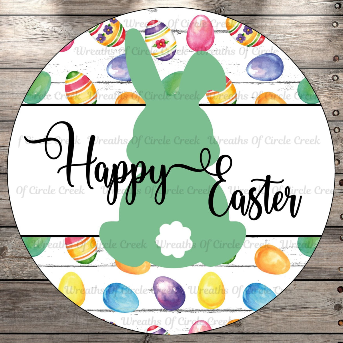 Happy Easter, Green, Bunny, Easter Eggs, Round, Light Weight, Metal Wreath Sign, No Holes