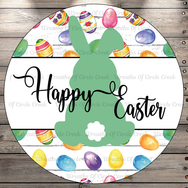 Happy Easter, Green, Bunny, Easter Eggs, Round, Light Weight, Metal Wreath Sign, No Holes