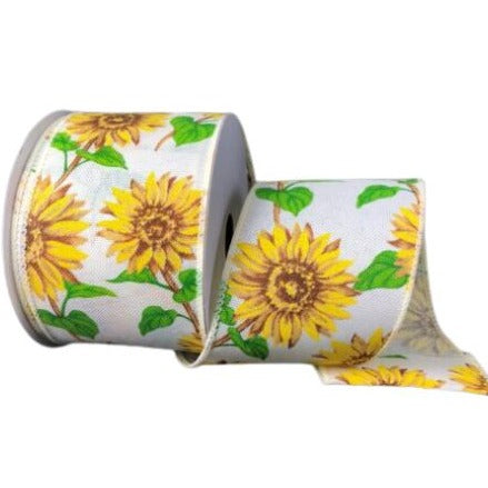 Sunflowers, Ivory, Yellow, Green, Canvas, Wired Edges, 2.5" X 10 YD