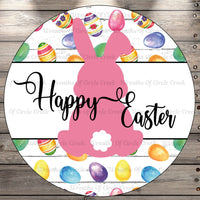 Happy Easter, Pink, Bunny, Easter Eggs, Round, Light Weight, Metal Wreath Sign, No Holes